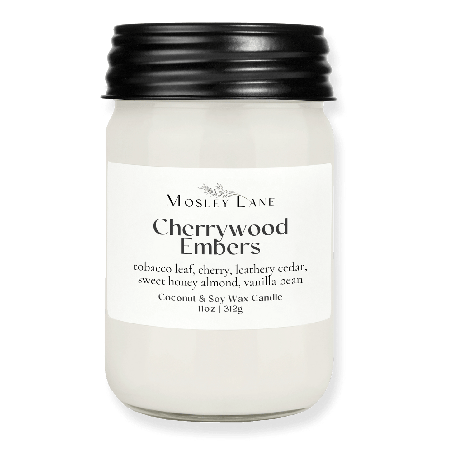 Cherrywood Embers · Mason Coconut &amp; Soy Candle · Black Lid