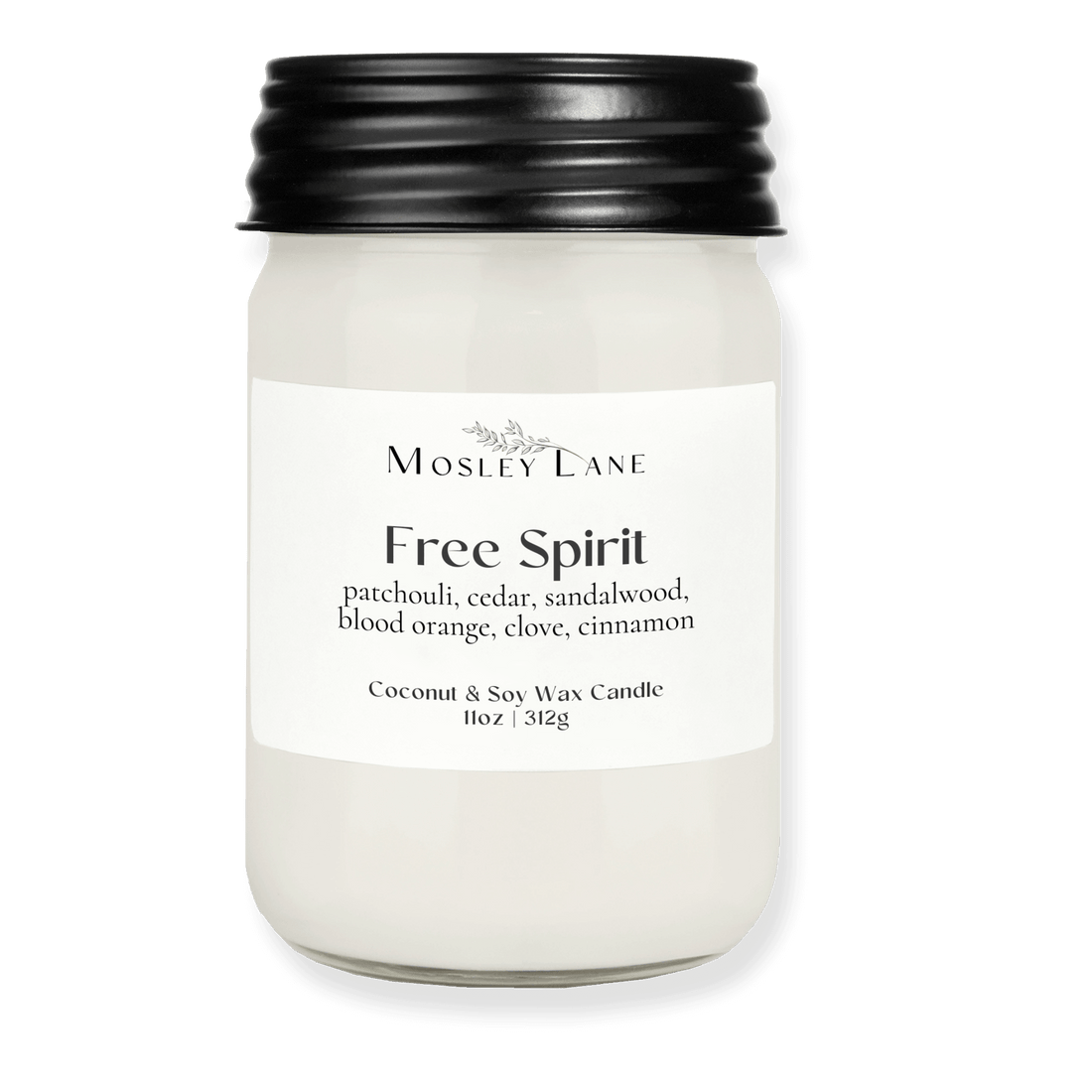 Free Spirit · Mason Coconut &amp; Soy Candle · Black Lid
