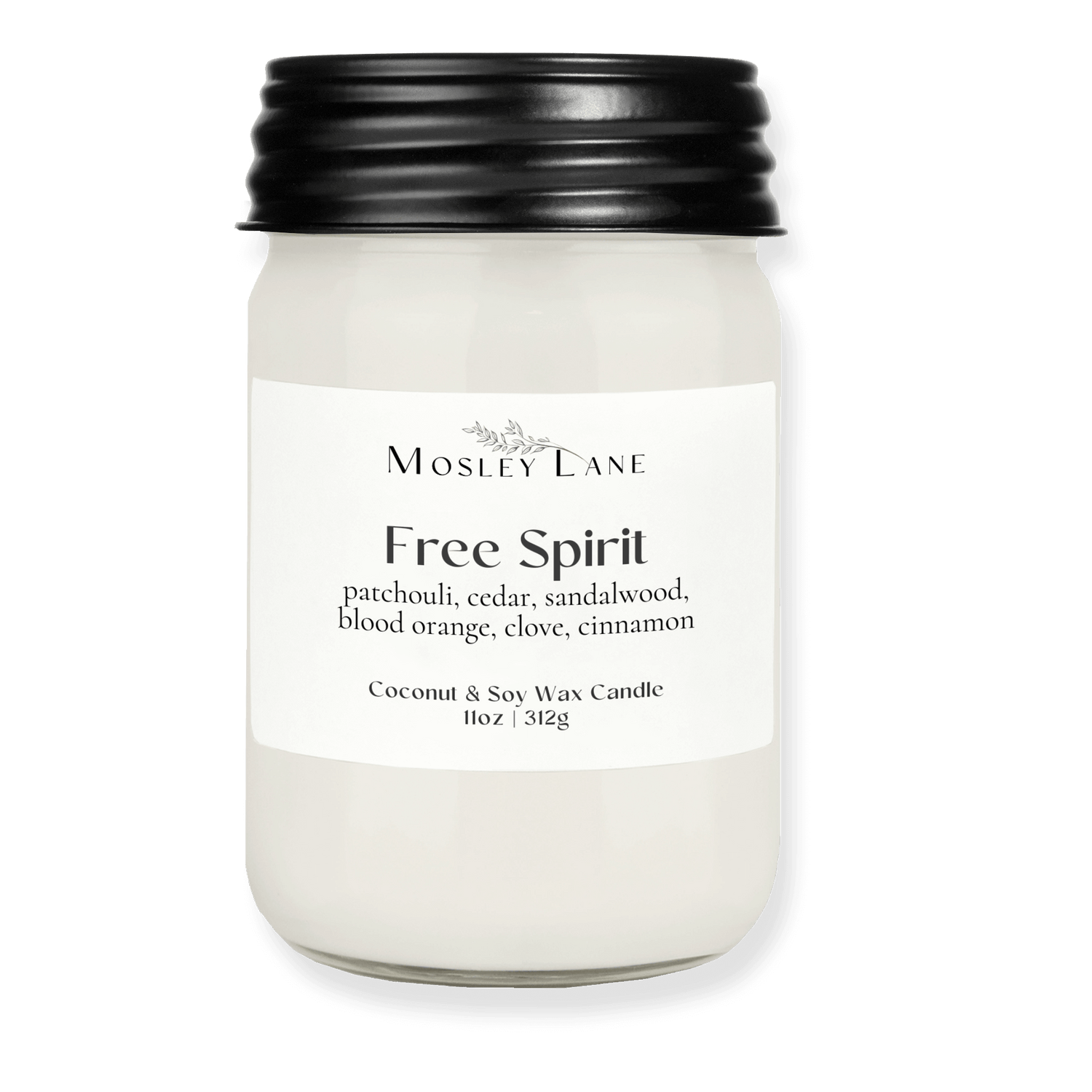 Free Spirit · Mason Coconut &amp; Soy Candle · Black Lid