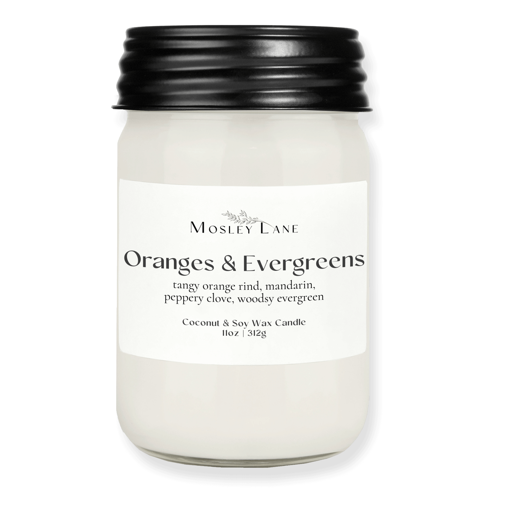 Oranges &amp; Evergreens · Mason Coconut &amp; Soy Candle · Black Lid