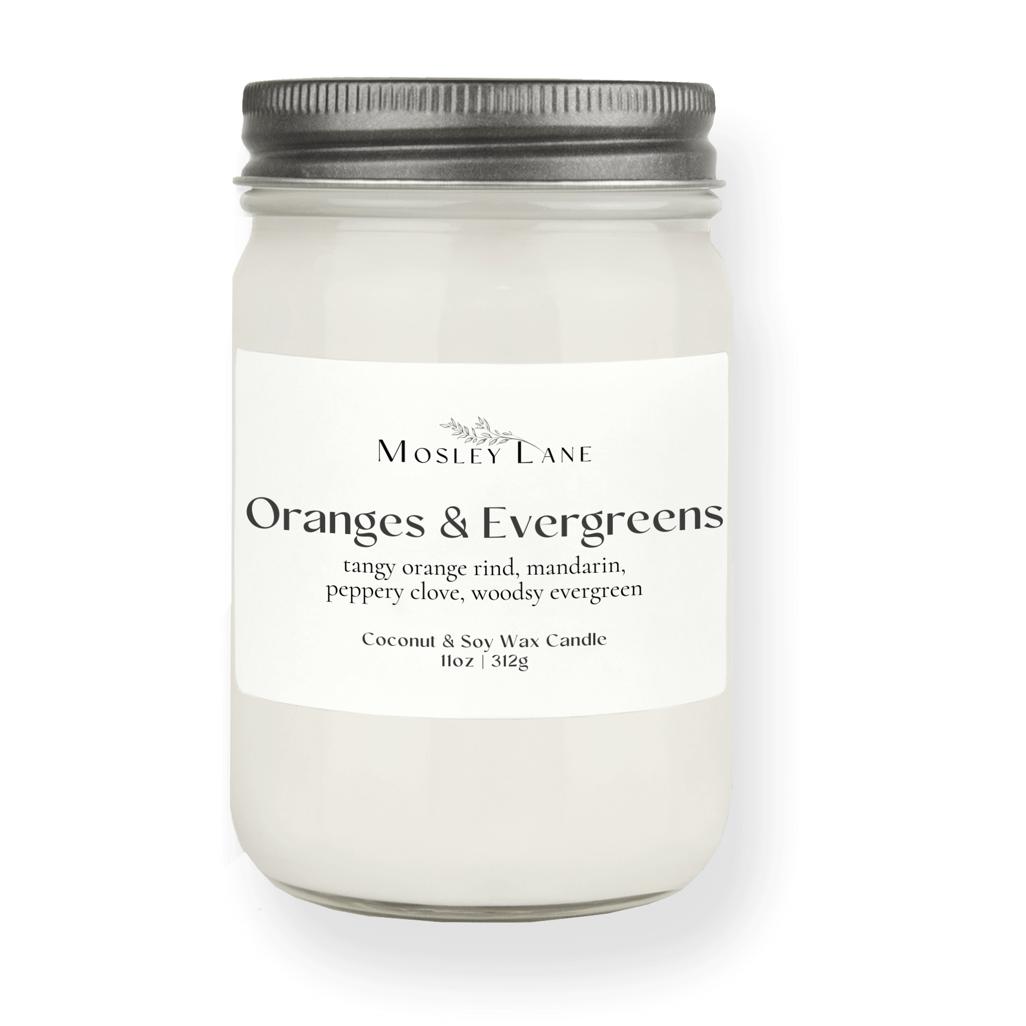Oranges &amp; Evergreens · Mason Coconut &amp; Soy Candle · Pewter Lid